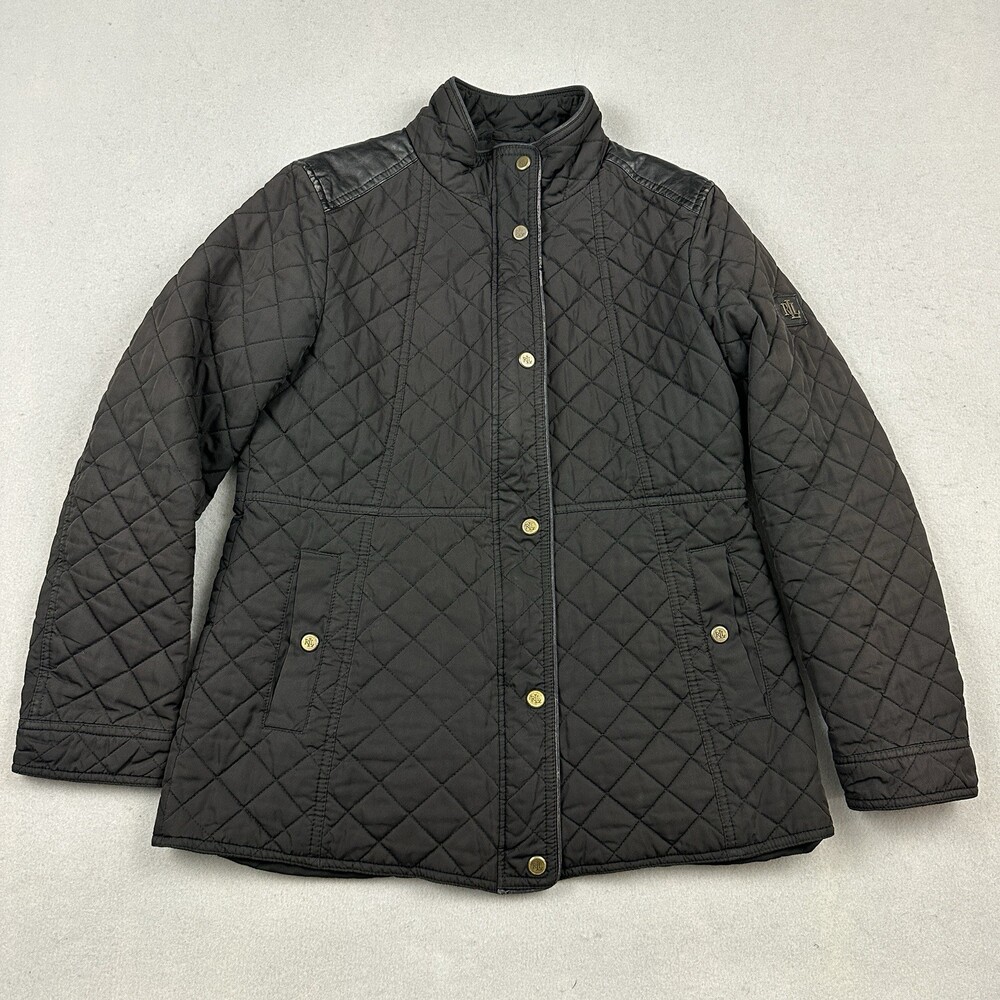 Lauren Ralph Lauren Jacket Women M Black Quilted LRL Patch Coat Snap Zip M *